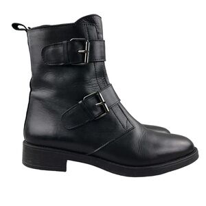 Emanuele Crasto Women's Size 40 Black Leather Double Buckle Moto Boots ITALY